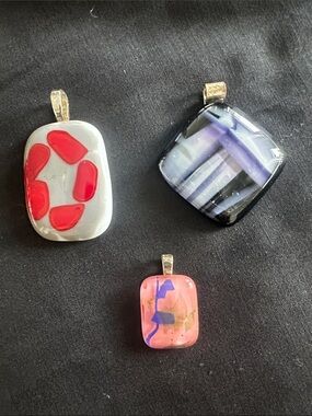 Handmade Fused Glass Pendant Trio — Red, Blue/Purple, Pink